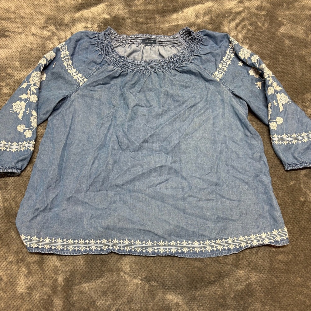 J. Jill Denim Embroidered Tencel Chambray Blouse Blue L Petite
